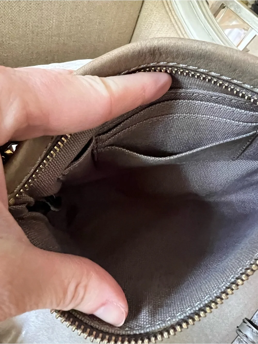 Frye Gray-Taupe Leather Crossbody with Gold Hardware. - Picture 4 of 9